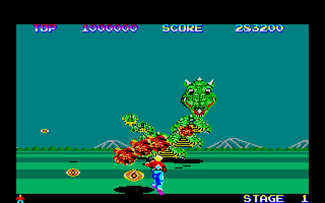 Space Harrier Fujitsu FM-7 Screenshot: Be sure to dodge incoming fireballs!