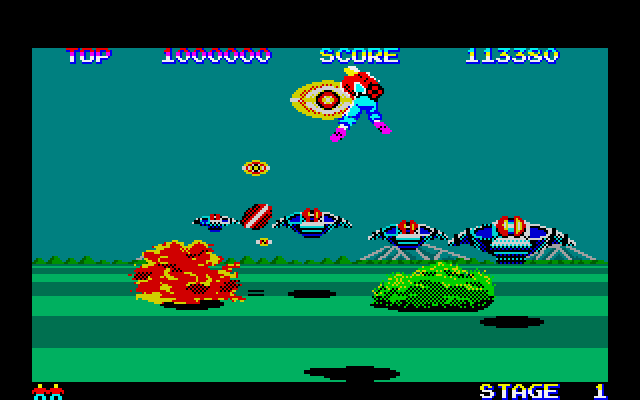 Space Harrier Fujitsu FM-7 Screenshot: You can fly anywhere on the screen.