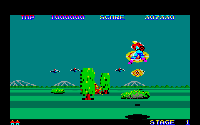 Space Harrier Fujitsu FM-7 Screenshot: Don't get hit by those trees!