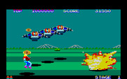 Space Harrier for Fujitsu FM-7 - Incoming aliens! Shoot quickly before you're hit!