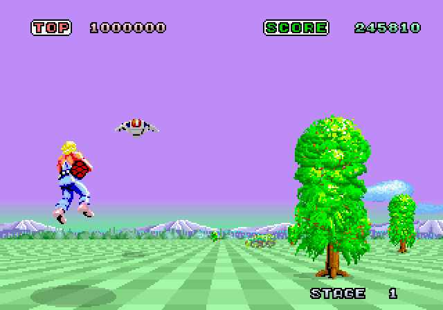 Space Harrier Arcade Screenshot: Careful, don't hit those trees!