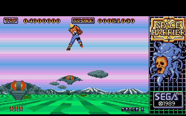 Space Harrier IBM PC/Compatibles Screenshot: You can move up, down, left, or right to dodge attacks.