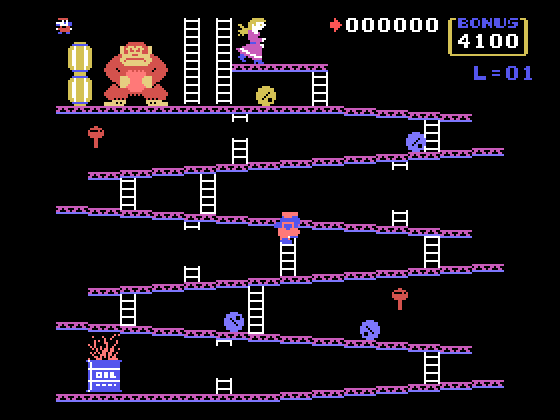 Donkey Kong TI-99/4A Screenshot: Climbing a ladder to the next platform...