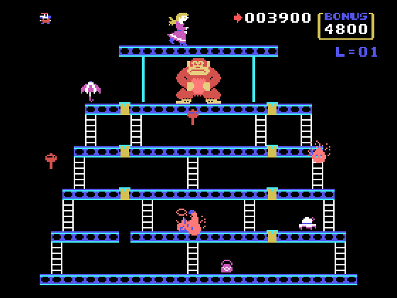 Donkey Kong TI-99/4A Screenshot: Don't get caught by flames!