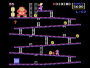 Donkey Kong for TI-99/4A - Level three; use the hammer to smash barrels.