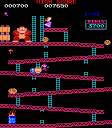 Donkey Kong Arcade Screenshot: Jump over barrels to reach the top.