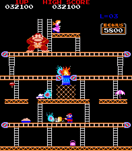Donkey Kong Arcade Screenshot: Smashing opponents with the hammer.