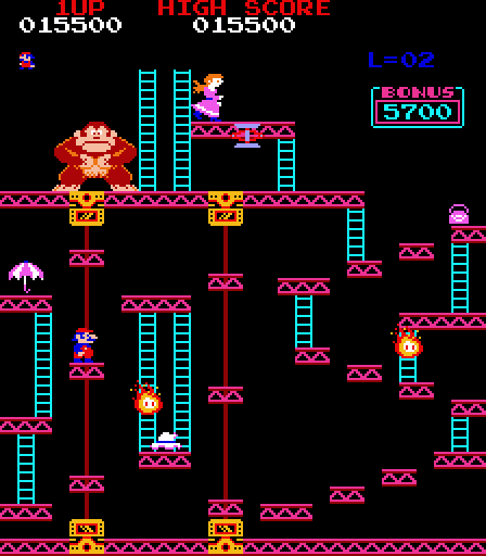 Donkey Kong Arcade Screenshot: Jumping on the numerous small platforms to reach the top...