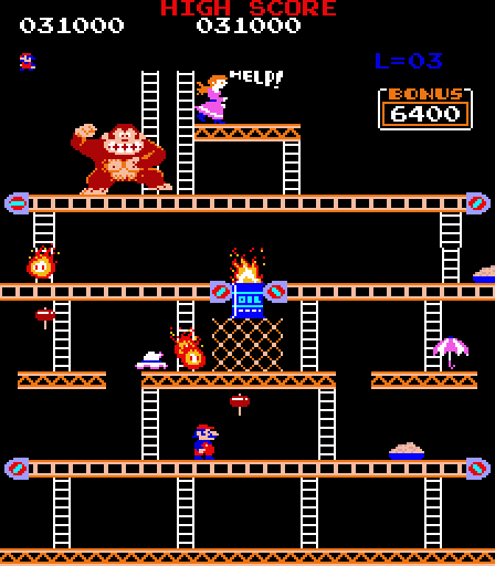 Donkey Kong Arcade Screenshot: The conveyer belts on this screen make moving about difficult.