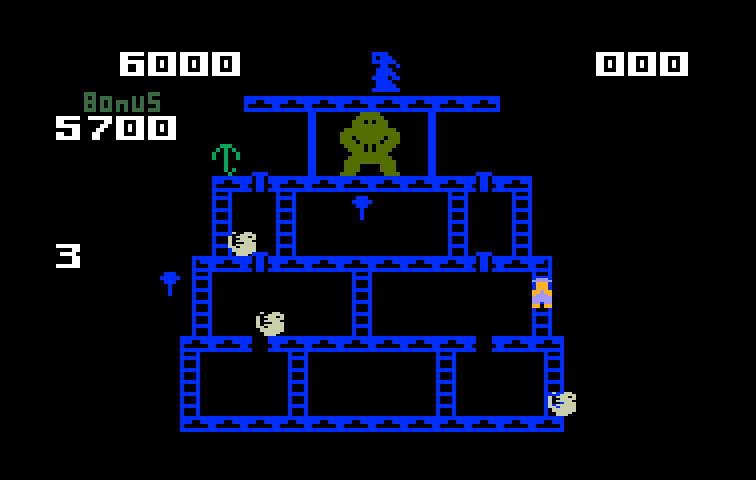 Donkey Kong Intellivision Screenshot: Walk over all of the pegs to complete the round.