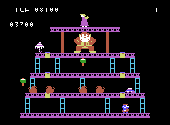 Donkey Kong ColecoVision Screenshot: Once you complete all of the screens, the game starts to repeat with higher difficulty.