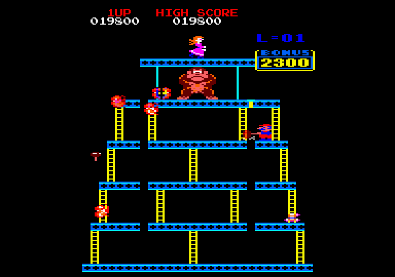 Donkey Kong Amstrad CPC Screenshot: Use the hammer to smash opponents.