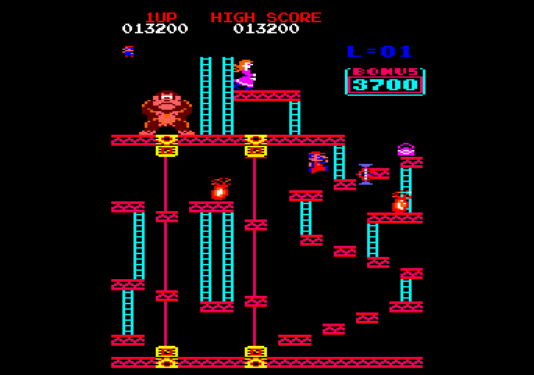 Donkey Kong Amstrad CPC Screenshot: Jumping over a gap...