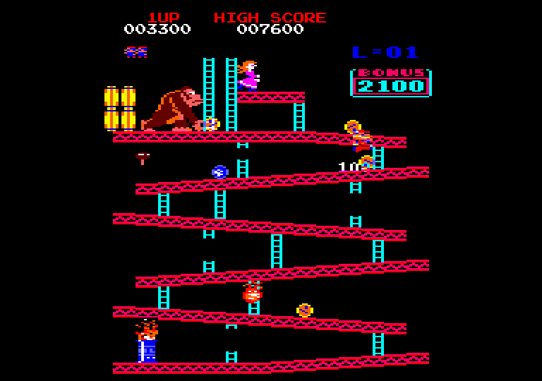 Donkey Kong Amstrad CPC Screenshot: Jumped over one barrel, but hit in the head by another!