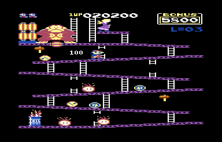 Donkey Kong Commodore 64 Screenshot: 100 points earned for jumping over objects!