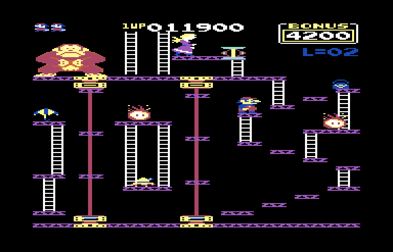 Donkey Kong Commodore 64 Screenshot: You'll need careful timing to get past this bouncing I-beams.