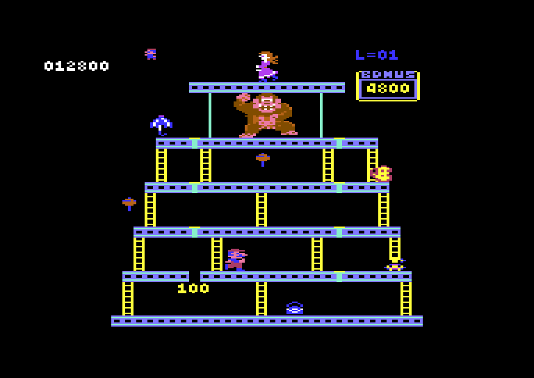 Donkey Kong Commodore 64 Screenshot: Remove all of the rivets to make Donkey Kong fall...