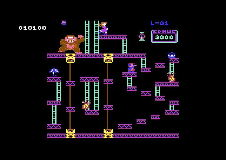 Donkey Kong Commodore 64 Screenshot: Avoid the bouncing I-beams!