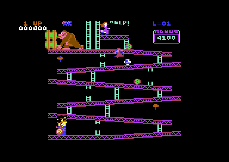 Donkey Kong Commodore 64 Screenshot: Jumping over a barrel...