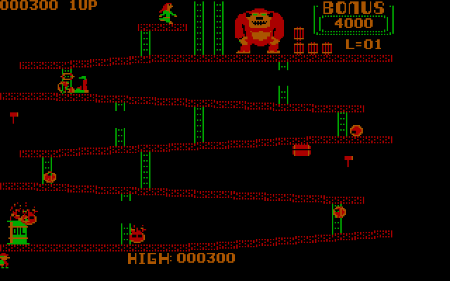 Donkey Kong IBM PC/Compatibles Screenshot: Hit by a barrel! One life is lost...
