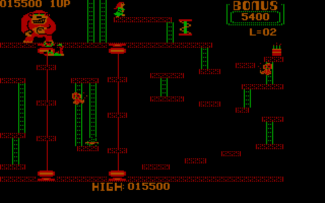 Donkey Kong IBM PC/Compatibles Screenshot: Ouch, don't let the lift smash you into the ceiling!