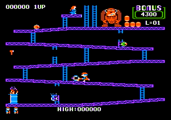 Donkey Kong Apple II Screenshot: Use the hammer to smash incoming barrels.