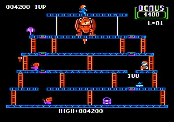 Donkey Kong Apple II Screenshot: Gameplay on round two.