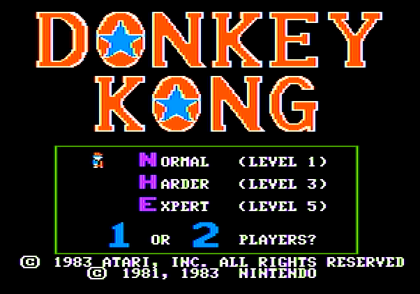 Donkey Kong Apple II Screenshot: The main menu.