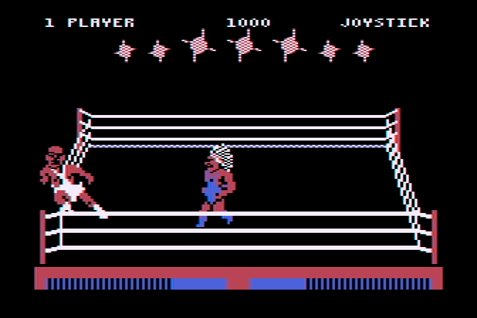Bop'N Wrestle Atari 8-bit Screenshot: I've been thrown into the ropes!