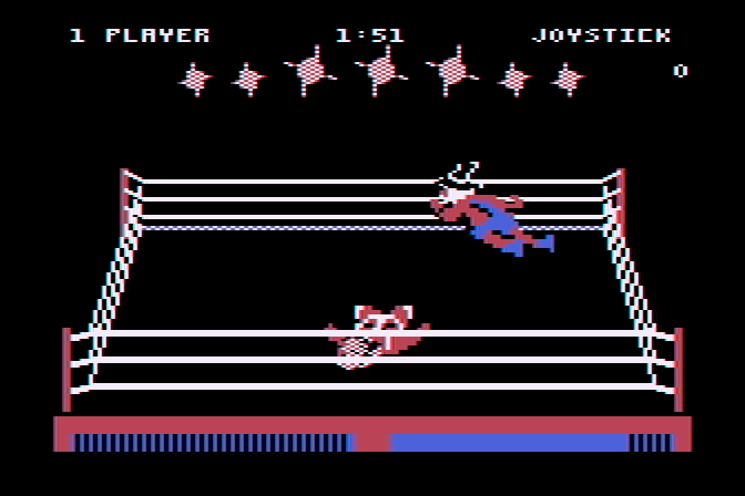Bop'N Wrestle Atari 8-bit Screenshot: I'm about to get pummeled!