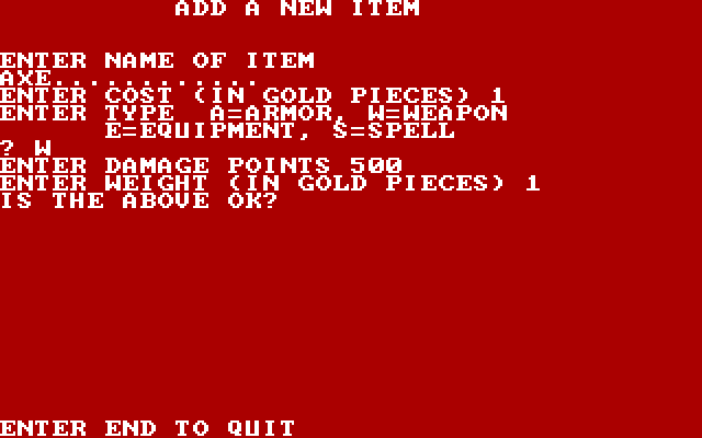 Dungeon Quest IBM PC/Compatibles Screenshot: Creating a custom item.