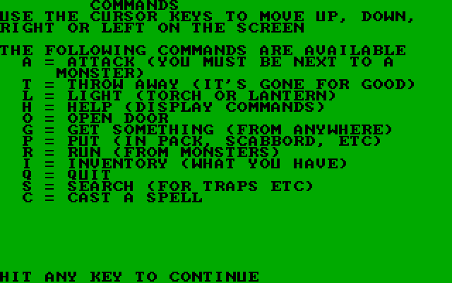 Dungeon Quest IBM PC/Compatibles Screenshot: Game commands.