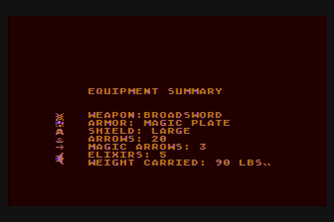 Dunjonquest: Morloc's Tower Atari 8-bit Screenshot: Equipment summary.