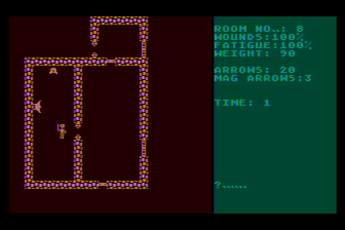 Dunjonquest: Morloc's Tower Atari 8-bit Screenshot: Watch out for bats and other creatures!