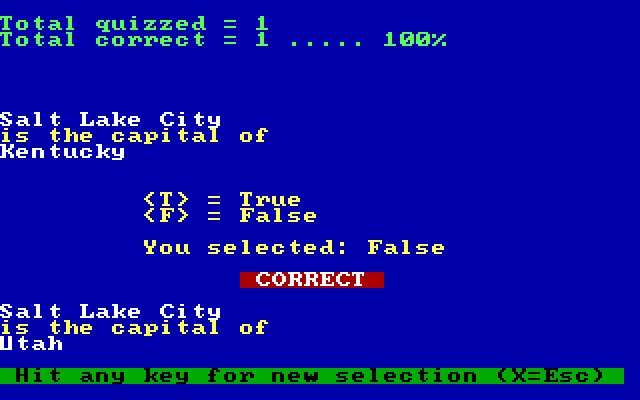 U.S. States and Capitals IBM PC/Compatibles Screenshot: A correct answer...