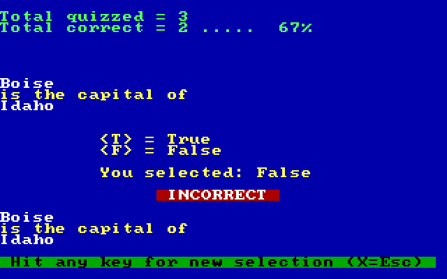 U.S. States and Capitals IBM PC/Compatibles Screenshot: Oops, a wrong answer...