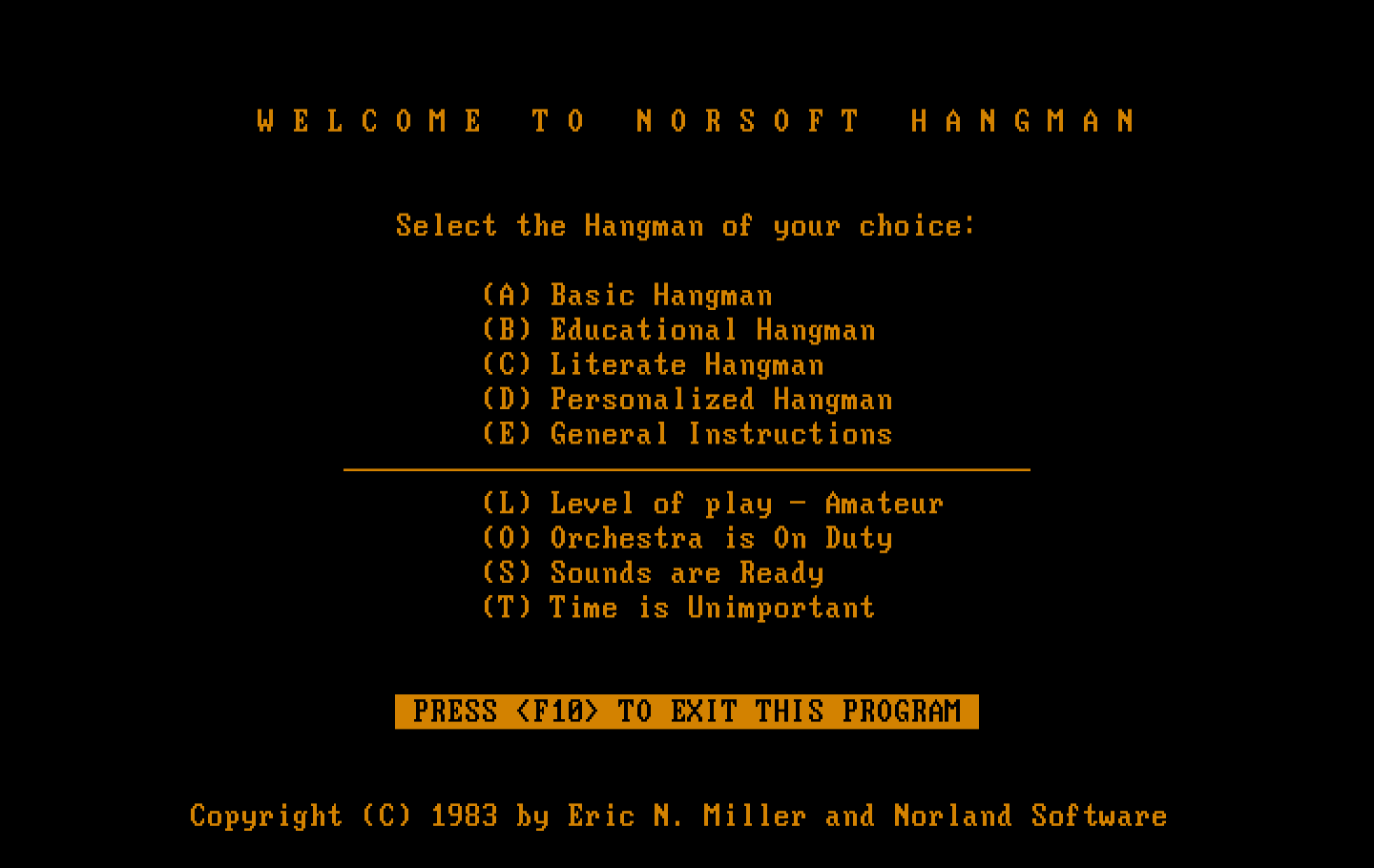 Hangman IBM PC/Compatibles Screenshot: The main menu.