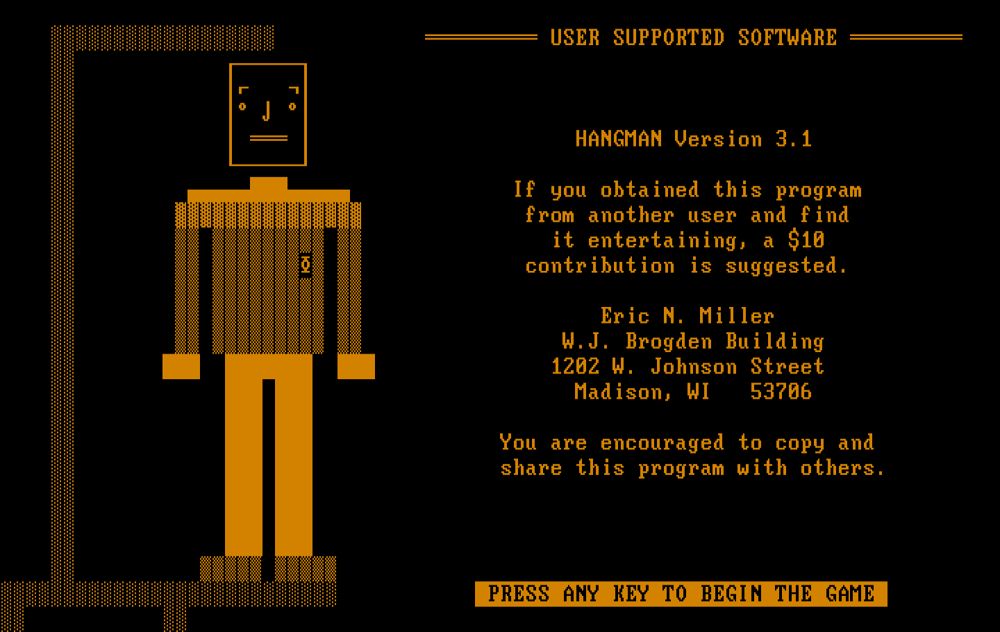 Hangman IBM PC/Compatibles Screenshot: Title screen (Version 3.1).