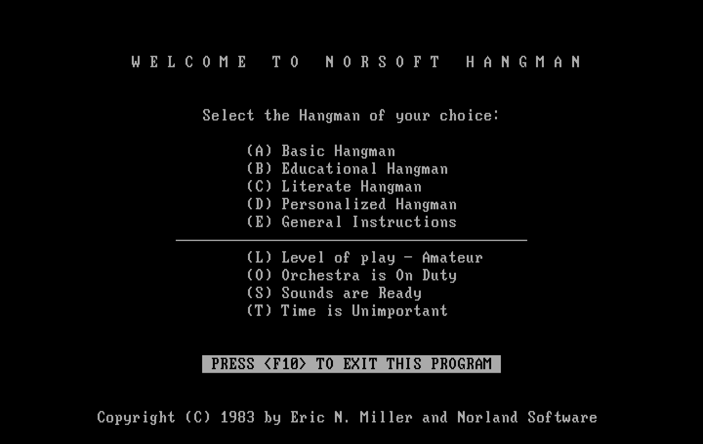 Hangman IBM PC/Compatibles Screenshot: The main menu.