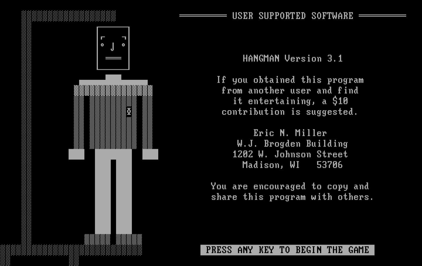 Hangman IBM PC/Compatibles Screenshot: Title screen (Version 3.1).