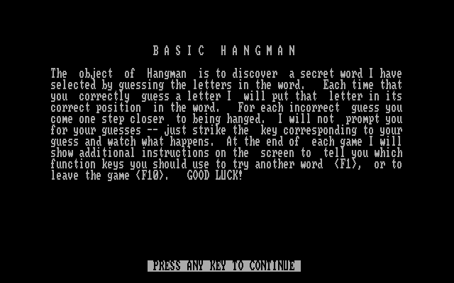Hangman IBM PC/Compatibles Screenshot: Game instructions.