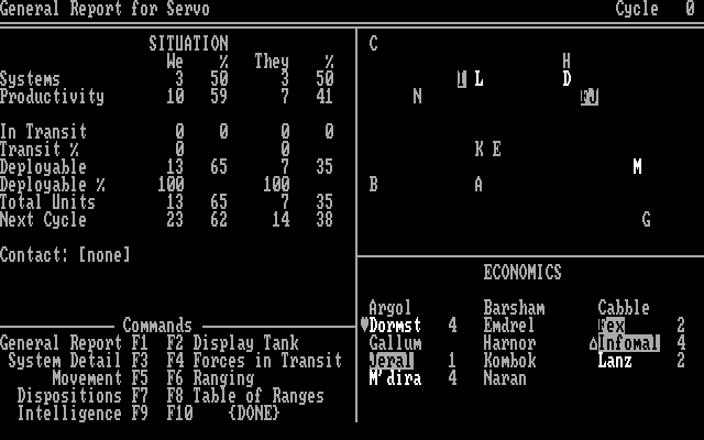 Starclash II IBM PC/Compatibles Screenshot: Game start; this is the general report for player one.