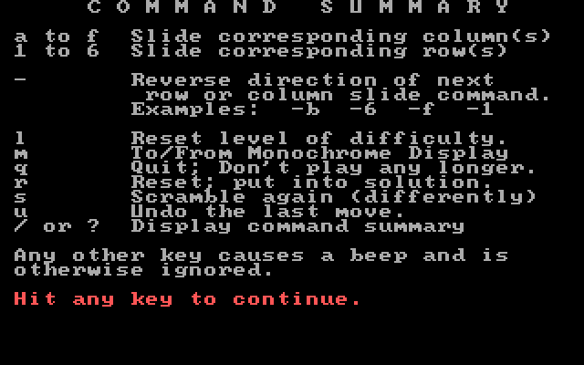 Square, The IBM PC/Compatibles Screenshot: Command summary.