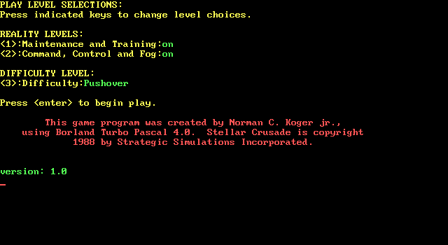 Stellar Crusade IBM PC/Compatibles Screenshot: Play level selections.