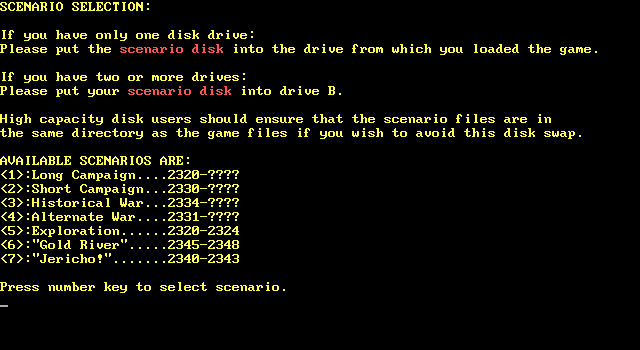 Stellar Crusade IBM PC/Compatibles Screenshot: Scenario selection.
