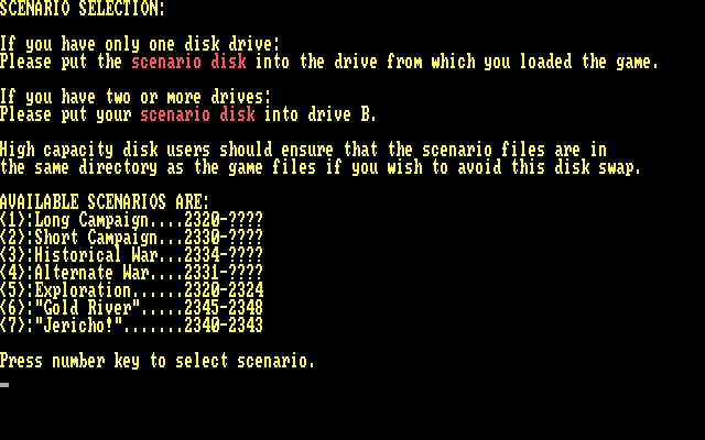 Stellar Crusade IBM PC/Compatibles Screenshot: Scenario selection.