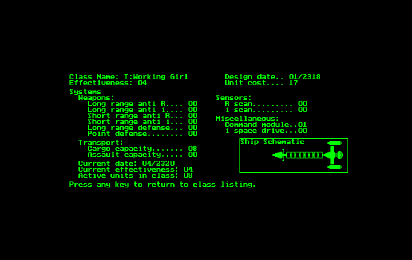 Stellar Crusade IBM PC/Compatibles Screenshot: More information on one of the ship classes...