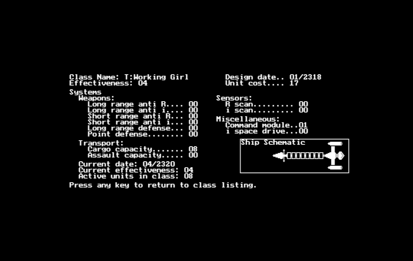 Stellar Crusade IBM PC/Compatibles Screenshot: More information on one of the ship classes...