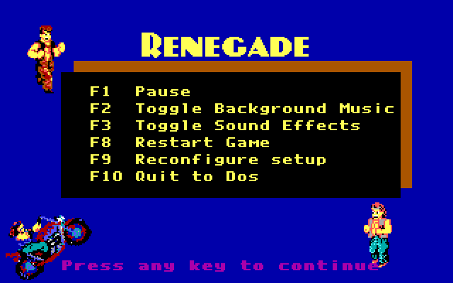 Renegade IBM PC/Compatibles Screenshot: Game instructions screen.
