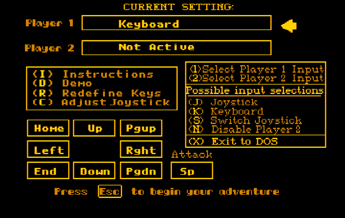 Renegade IBM PC/Compatibles Screenshot: The main game settings menu.